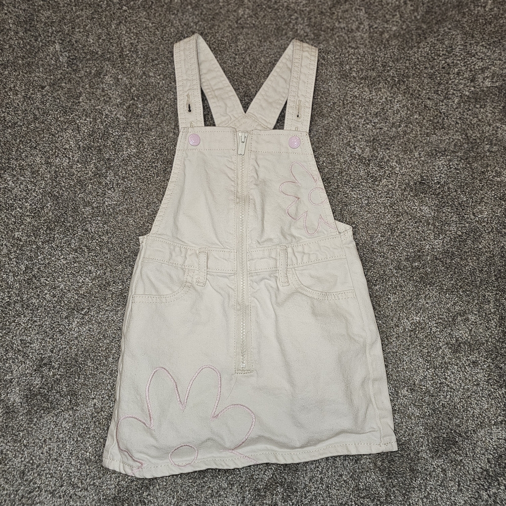 Kids Denim Zip Up Overall Dress with Pink Embroidery